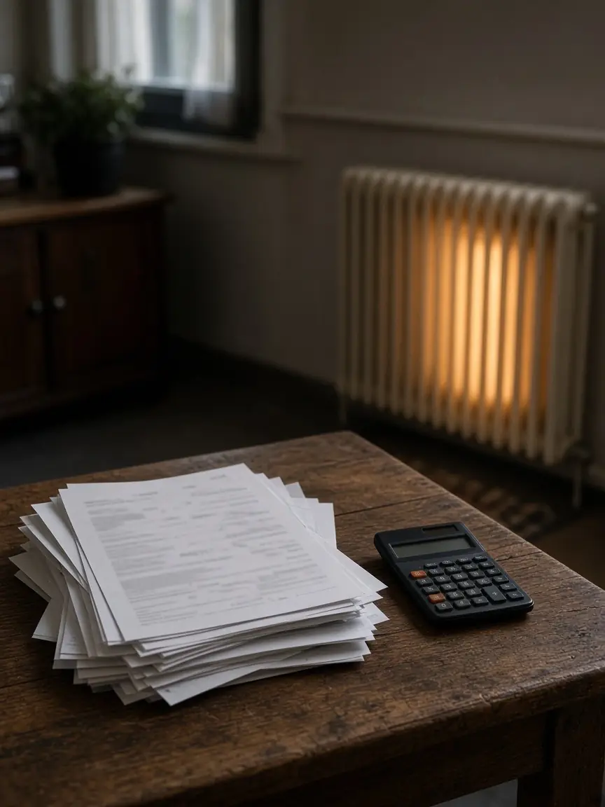 Pile de factures et calculatrice devant un radiateur allumé, sans personne