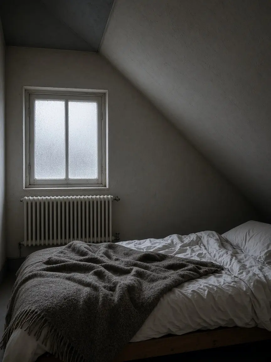 Chambre sous toiture vide, plaid sur le lit et fenêtre embuée