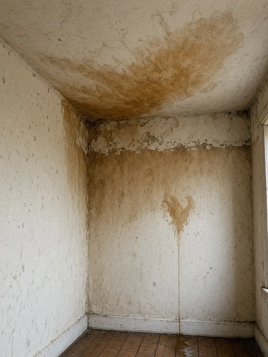Plafond et mur tachés par une vraie fuite d'eau