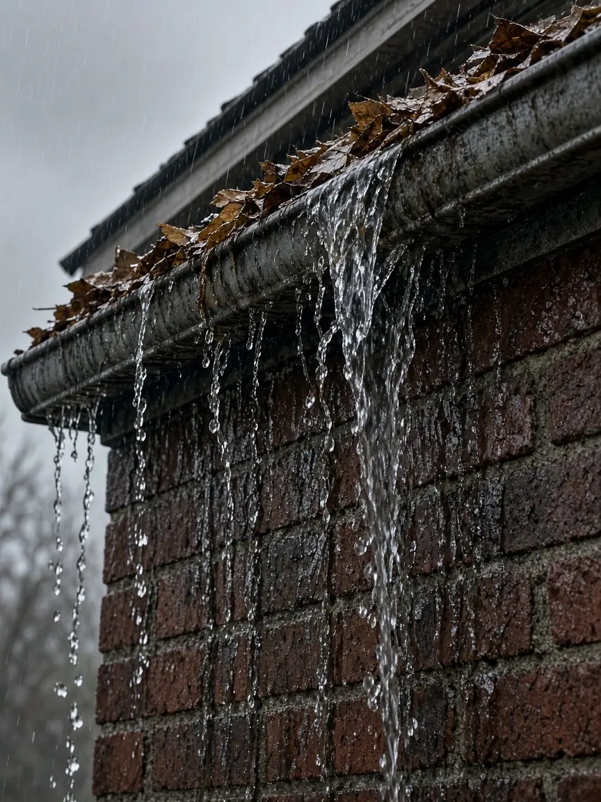 Gouttière bouchée qui déborde le long de la façade
