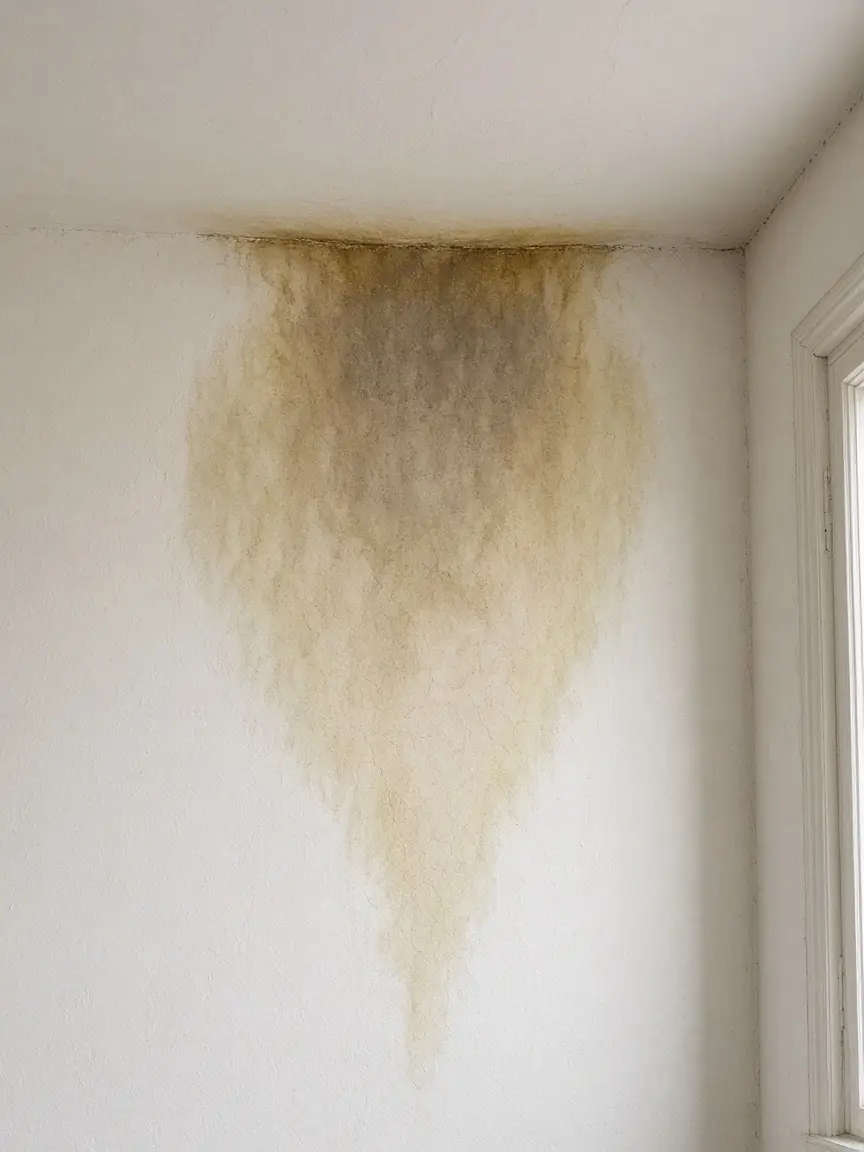 Auréole d'humidité sur un mur, près du plafond
