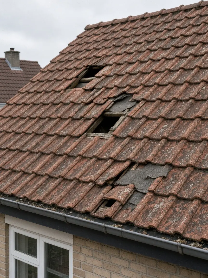 Tuiles cassées et déplacées sur une toiture